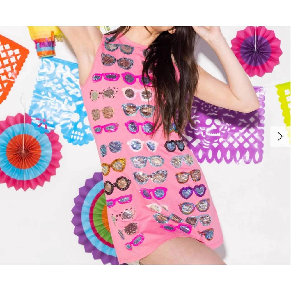 NEW QUEEN OF SPARKLES pink sunglass tank dress in pink